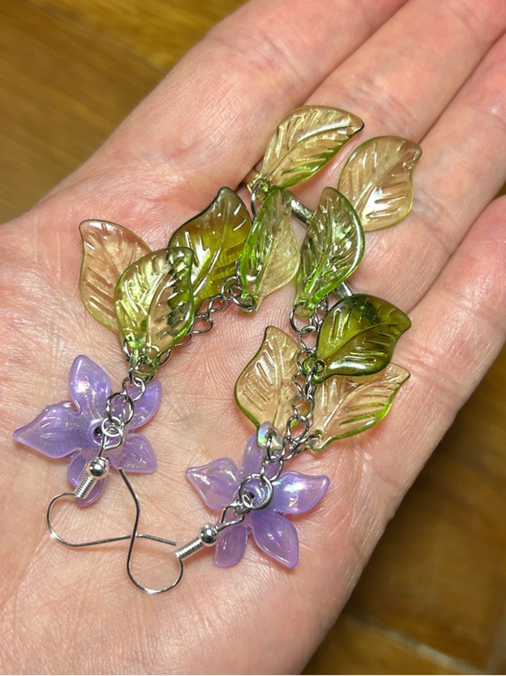 Purple Flower and Green Leaf Dangle Earrings - Women's Jewelry - Picture 2 of 6